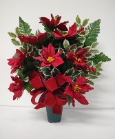 SILK POINSETTIAS AND HOLLY CEMETARY CONE 