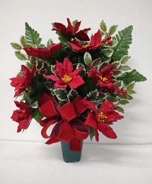 SILK POINSETTIAS AND HOLLY CEMETARY CONE 