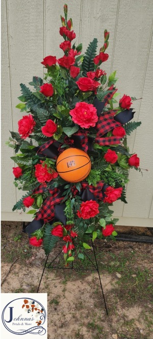 Silk Spray of Mixed Reds on easel Basketball Theme