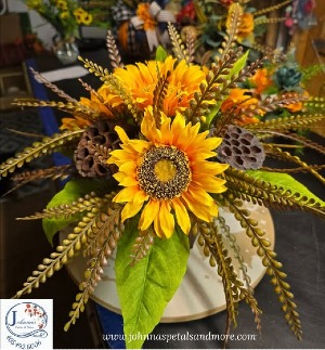 Silk Sunflower Fall Arrangement with lotus pods 