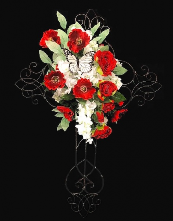 Silk Floral Metal Cross Red & White Silk