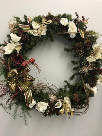 SILK WREATH WITH MAGNOLIAS AND BERRIES THREE FOOT WREATH