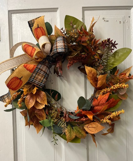 Silk Wreath with Pumpkin Bow Silk Wreath