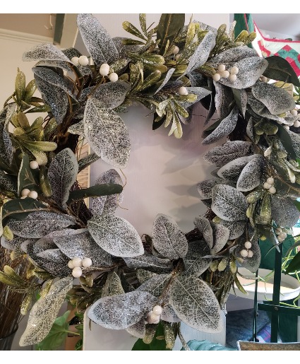 Silver artificial wreath...outer size is 22 inches SALE 75.00 CAN HANG ON DOOR AND/ OR USE FOR CENTERPIECE 