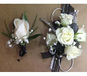 Silver & Black Wrist  Corsage and Boutineer Set