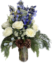 Silver, Blue and White Tall Winter Arrangement 