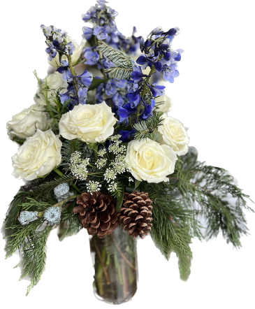 Silver, Blue and White Tall Winter Arrangement  in Decatur, GA | Les Fleurs Partout