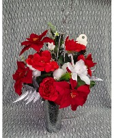 Silver Vase w/ Red Silk Poinsettia's and Roses 