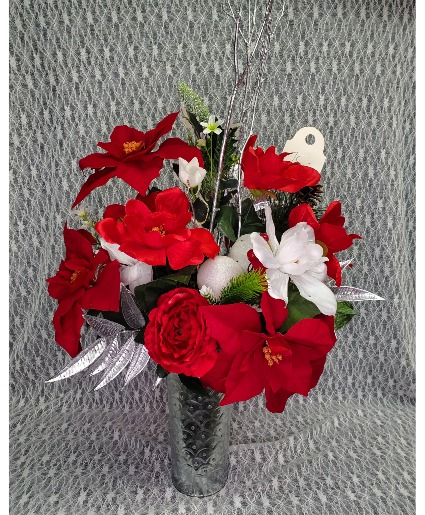 Silver Vase w/ Red Silk Poinsettia's and Roses 