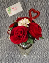 Silver Vase w/ Silk Red Roses 