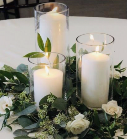 Simple Candles & Eucalyptus  Reception Flowers