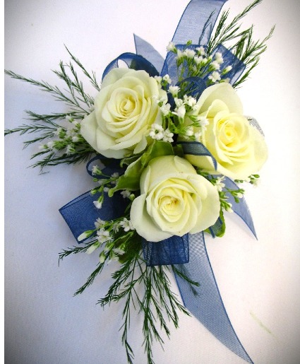 SIMPLE NAVY SKY CORSAGE - IN STORE PICK UP ONLY TRIPLE WHITE SPRAY ROSE WRIST CORSAGE