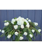 Simple White and Evergreen casket spray Funeral Flowers