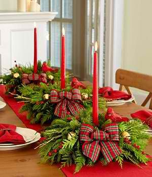 Simply Evergreen Centerpiece Fresh Evergreens with Ribbon and Candles