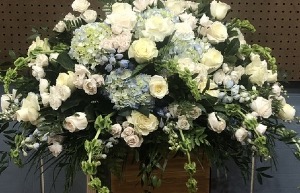 Sincere Farewell Blue and white casket spray