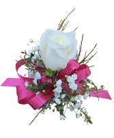 Single Reg. White Rose Corsage Choice of Ribbon Color