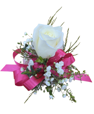 Single Reg. White Rose Corsage Choice of Ribbon Color
