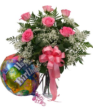 Six Pink Roses and Balloon 