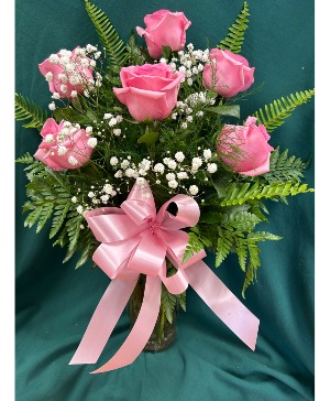 Six Pink Roses Vase Arrangement