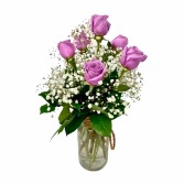 SIX PURPLE ROSES IN ROPE JAR 