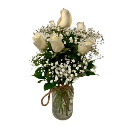 Six White Roses in Rope Jar 