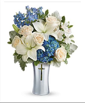 Skies of Remembrance Blue and white florals in a signature cross vase