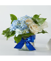 Sky Blue Delight Bouquet Clear cube arrangement