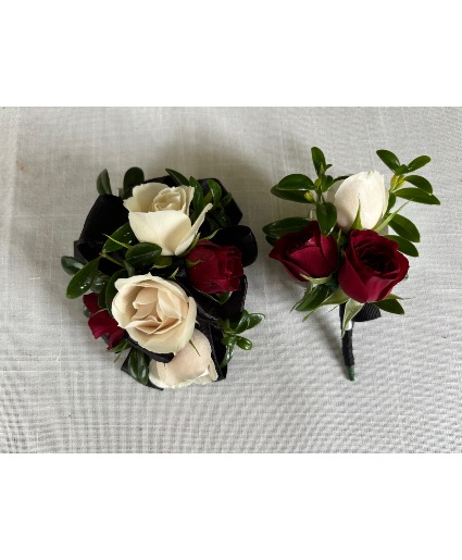Sleek and Chic Wrist Corsage and Boutonnière