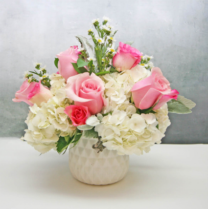 SMALL PINK & WHITE FLORAL IN WHITE CERAMIC VASE SMALL