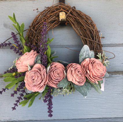 Small Pink wooden flower grapevine wreath