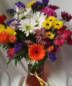 Smiles and Sunshine Bouquet...Bright assorted Flowers in a colored vase!