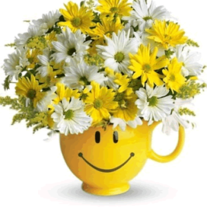 SMILEY FACE MUG WITH DAISIES ARRANGEMENT