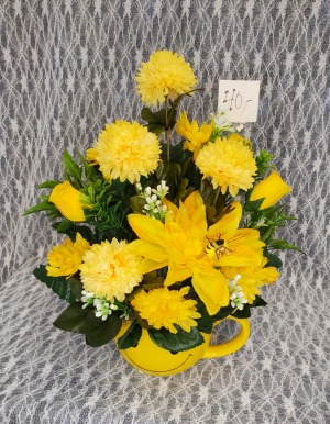 Smiley Mug w/ Yellow Silk Flowers & Bee 