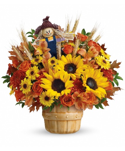 SMILING SCARECROW BOUQUET BASKET OF FLOWERS