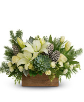 Snowfall Sanctuary in Wood  Christmas Centerpiece in a Container