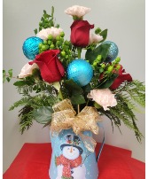 Snowman water jug Christmas arrangements 