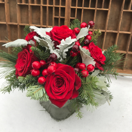 Snowy Holiday Roses vase arrangement