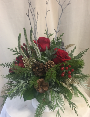 Snowy Red and White  Seasonal Arrangement 