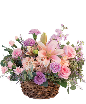 Soft And Gentle Basket Lilly, Roses & Carnations