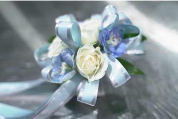Soft Blue & White  Wristlet in South Milwaukee, WI | PARKWAY FLORAL INC.