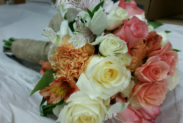 Soft Corals & Creamy Whites Hantied Burlap Bouquet