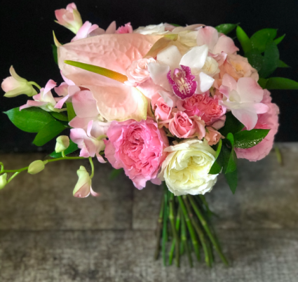 soft pink roses with hints of tropical  