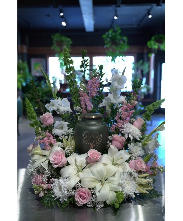 Soft & Pink Urn Setting  in South Milwaukee, WI | PARKWAY FLORAL INC.