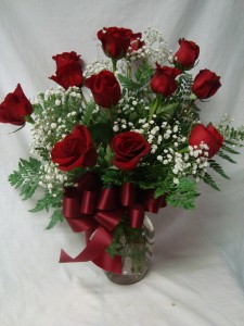 Send Love with Red Roses~ DOZEN RED ROSES WITH BABY'S BREATH AND BOW ARRANGED IN A VASE!