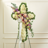 Solid White Standing Cross With Pastel Flowers