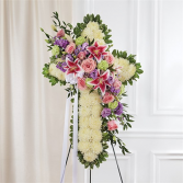 Solid White Standing Cross With Pastel Flowers  Item #91394