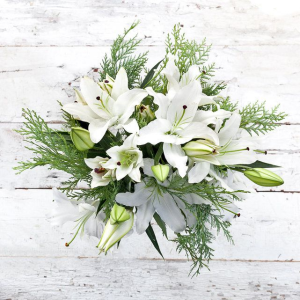 Solstice Lilies & Cedar Vase Ready, Hand Tied Bouquet (no vase)
