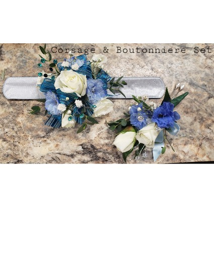Something In Blues Corsage & Boutonniere Set