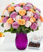 Sorbet Roses w/ Chocolates 36 Stems with Purple* Vase & Chocolate