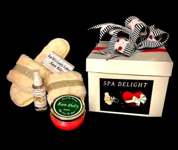 Spa Delight Gift Set Candle, Shower/Linen Spray, Luxury Soap & Elegant Slippers  in Plainview, TX | Kan Del's Floral, Candles & Gifts
